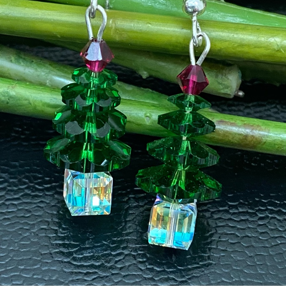 Handmade Crystal Christmas Tree Beaded Holiday Earrings